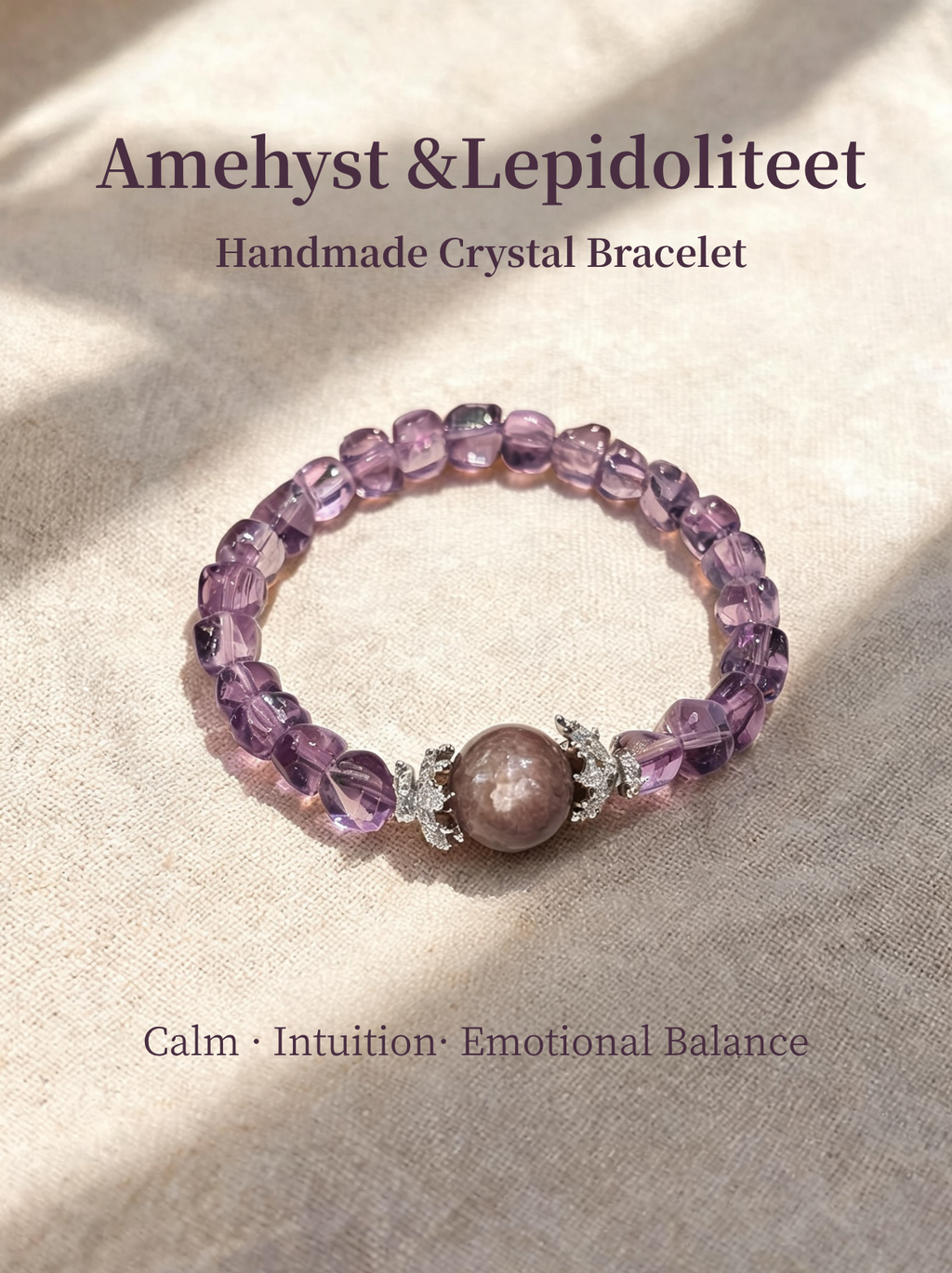 Natural Amethyst & Lepidolite Bracelet – Handmade Crystal Bracelet for Calm, Intuition & Emotional Healing