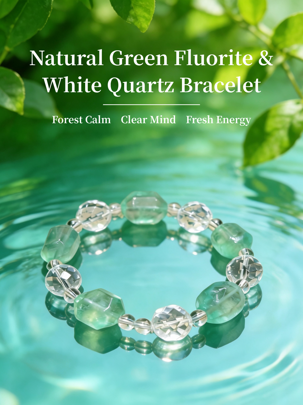 Natural Green Fluorite & White Quartz Bracelet – Summer Crystal Jewelry for Calm, Balance & Natural Serenity
