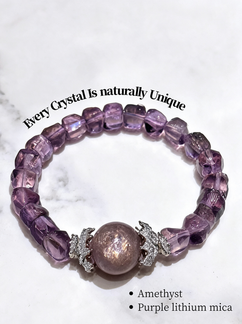Natural Amethyst & Lepidolite Bracelet – Handmade Crystal Bracelet for Calm, Intuition & Emotional Healing