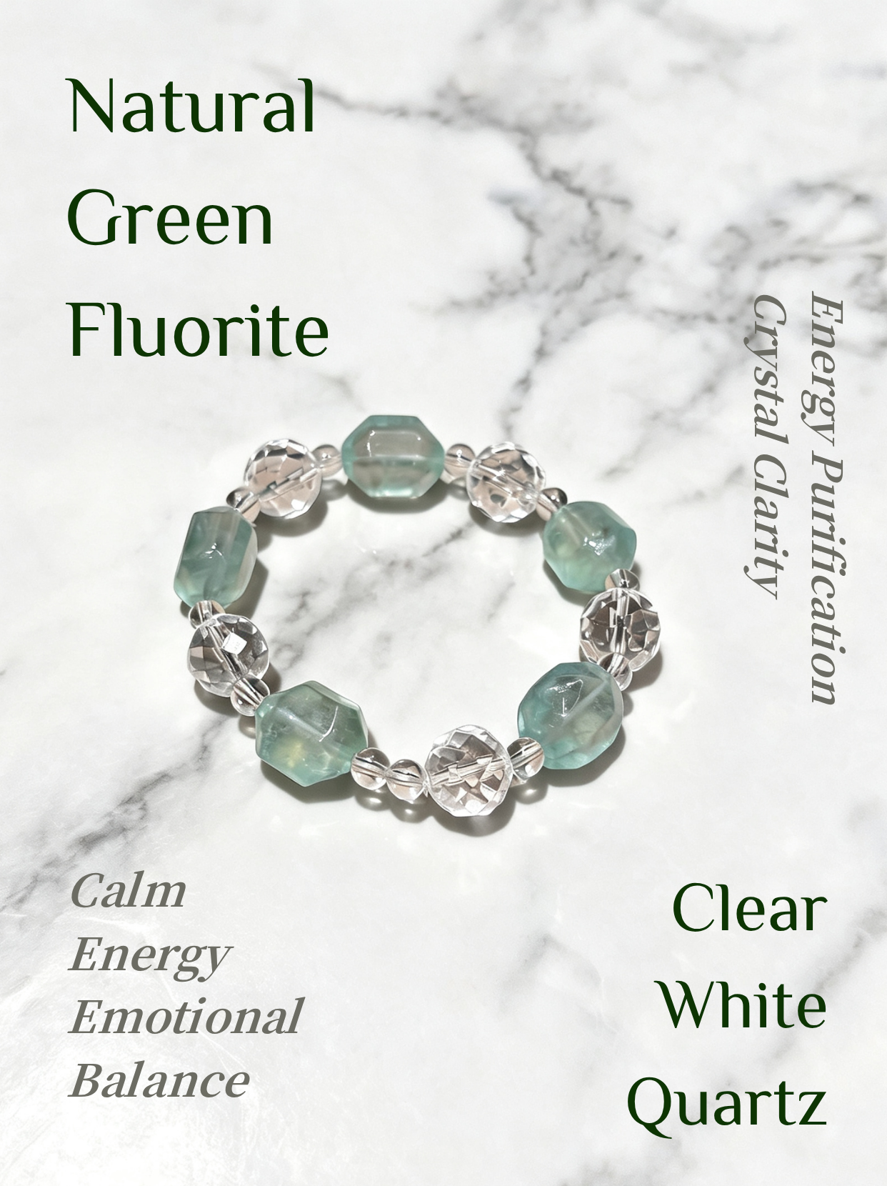Natural Green Fluorite & White Quartz Bracelet – Summer Crystal Jewelry for Calm, Balance & Natural Serenity