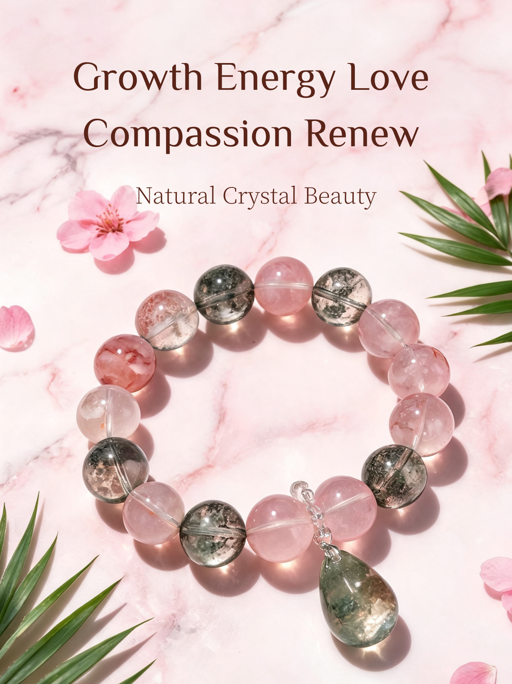 Natural Green Phantom Quartz, Rose Quartz & Sakura Agate Bracelet with Green Phantom Quartz Teardrop Pendant – Crystal Jewelry for Growth, Love & Harmony