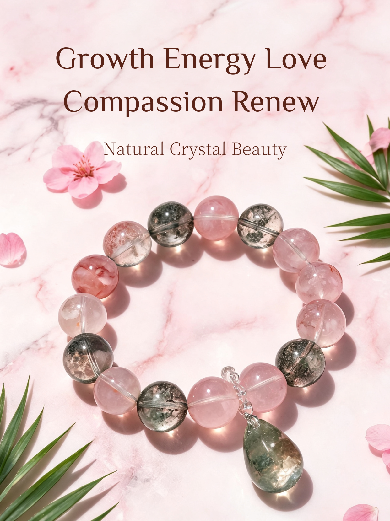 Natural Green Phantom Quartz, Rose Quartz & Sakura Agate Bracelet with Green Phantom Quartz Teardrop Pendant – Crystal Jewelry for Growth, Love & Harmony