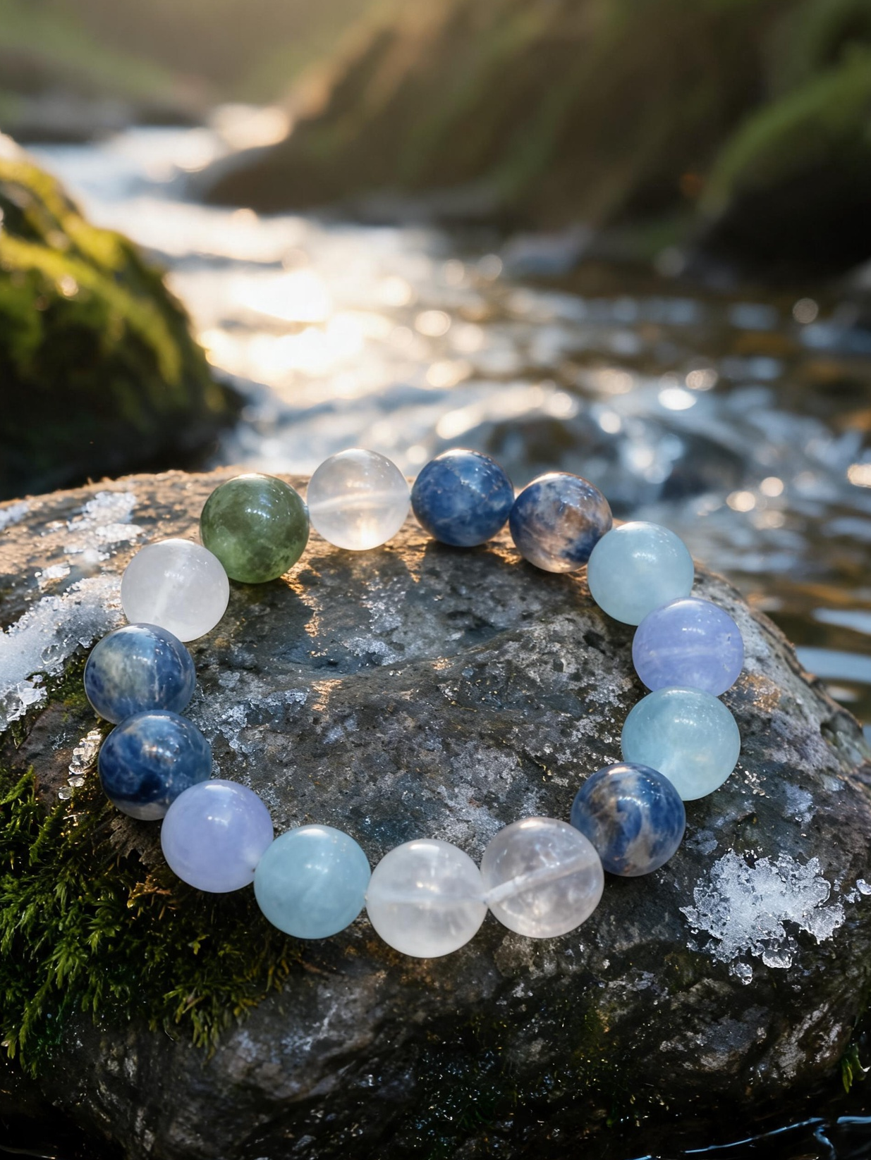 Four Realms crystal bracelet resting on a selenite cleansing plate with palo santo smoke