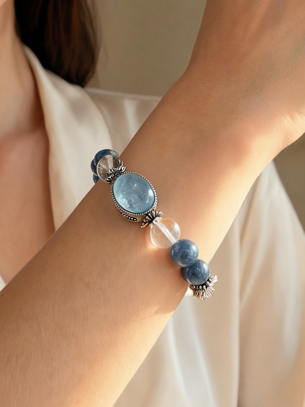 The Clarity Current | Premium Clear Quartz, White Phantom & Aquamarine Bracelet