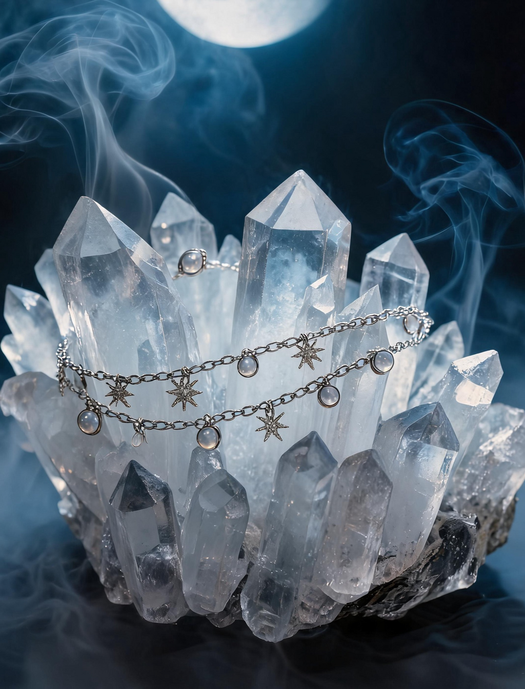 Blue and grey moonstone bracelet resting on a selenite cleansing plate with palo santo smoke