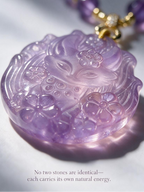 Close-up of natural Amethyst Fox Pendant showing authentic crystal texture, handcrafted healing crystal jewelry with unique mineral inclusions.