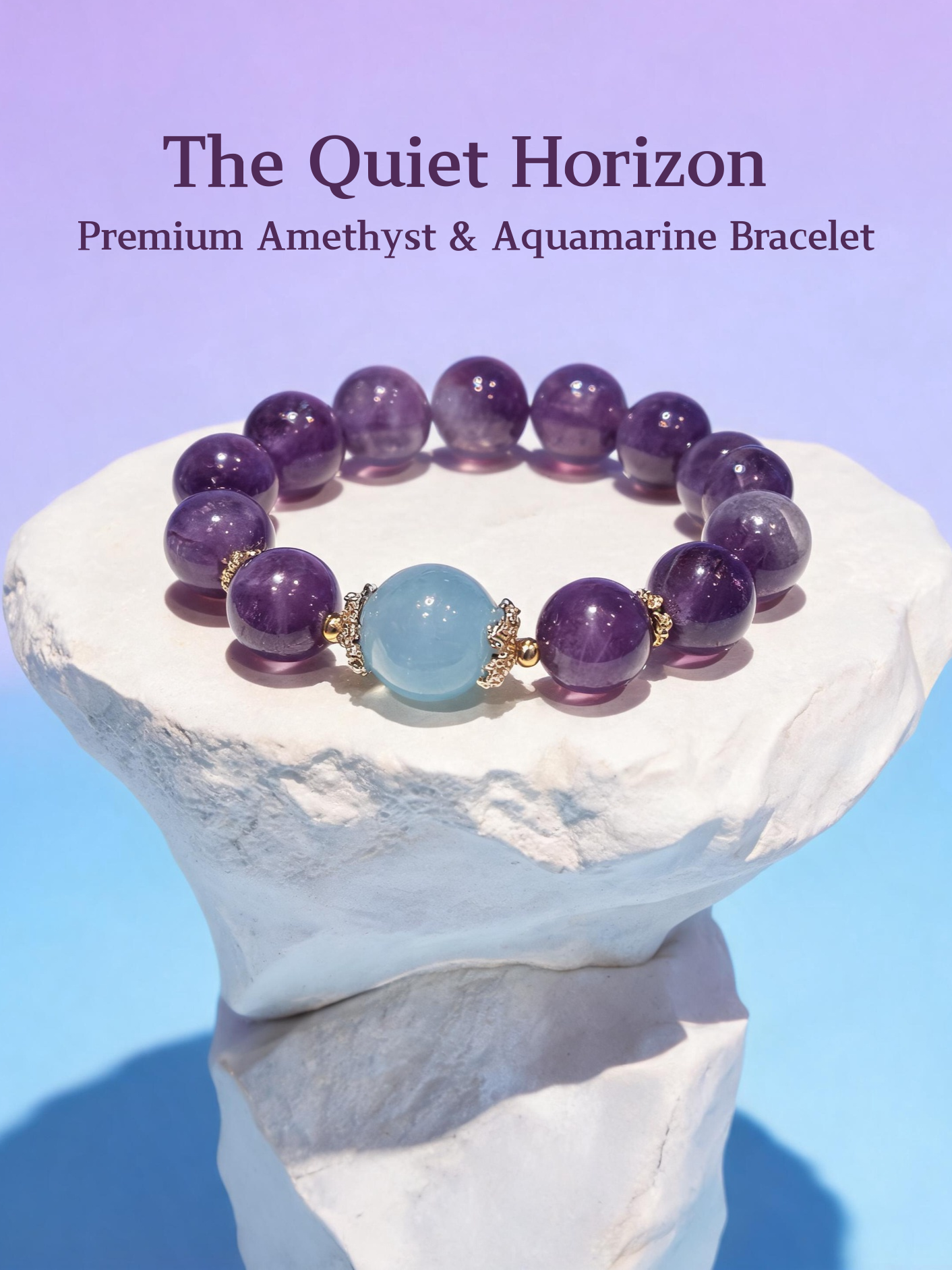 Amethyst and aquamarine crystal bracelet called The Quiet Horizon for career clarity and focus